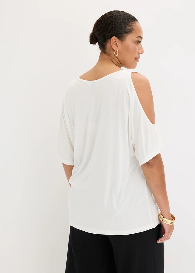 Cold shoulder shirt van viscose, Kleur: wolwit gebloemd