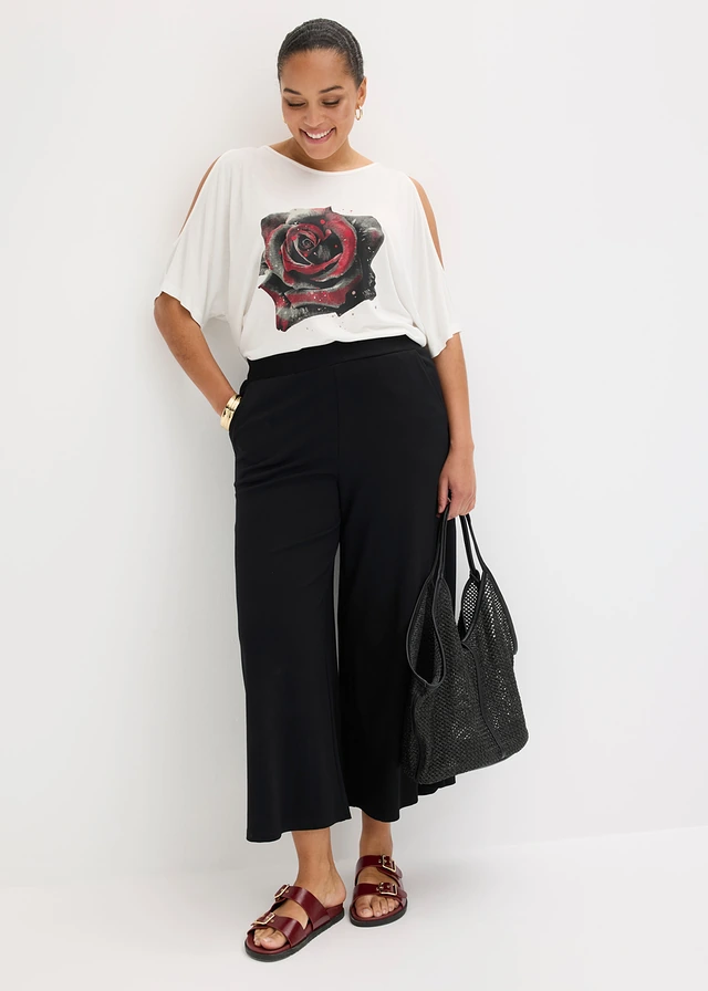 Cold shoulder shirt van viscose, Kleur: wolwit gebloemd