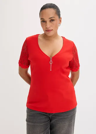 Geribd shirt van katoen, Kleur: aardbeirood