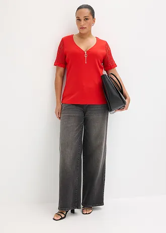 Geribd shirt van katoen, Kleur: aardbeirood