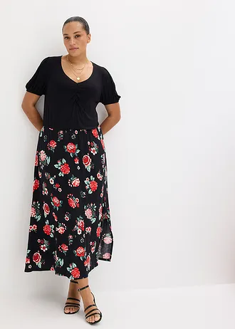 Robe longue en viscose extensible, Couleur: noir floral