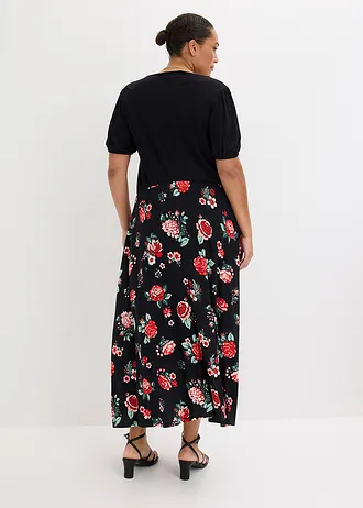 Robe longue en viscose extensible, Couleur: noir floral