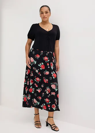 Robe longue en viscose extensible, Couleur: noir floral