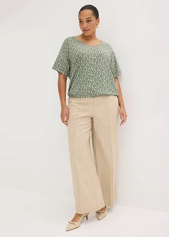 Oversized shirt van een zachte viscose-mix, Kleur: sandbeige-donkergroen met print