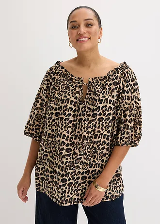 Blouse met korte mouwen van biologisch katoen, Kleur: luipaardprint