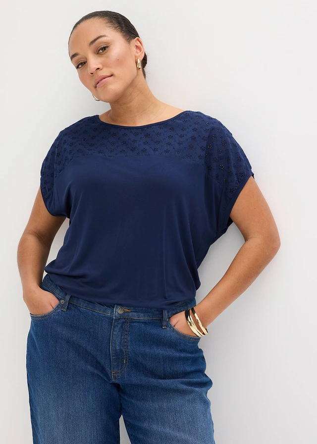 T-shirt doux à empiècement en dentelle, Couleur: bleu foncé