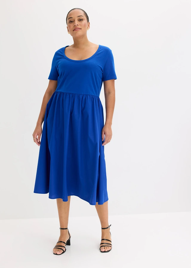 Jersey jurk met korte mouwen en zakken, van materiaalmix, Kleur: kobaltblauw