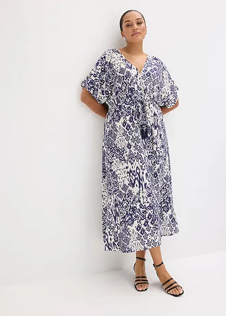 Maxi jurk van soepele viscose, Kleur: wolwit-donkerblauw gedessineerd