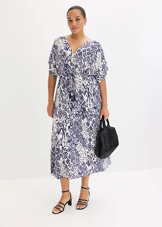 Robe longue en viscose fluide, Couleur: écru-bleu foncé imprimé