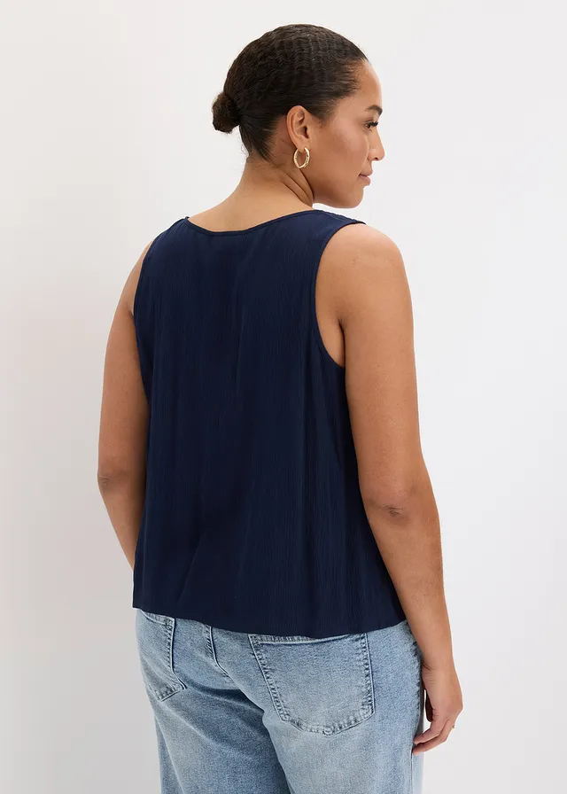 Top fluide sans manches en viscose texturée, Couleur: bleu foncé