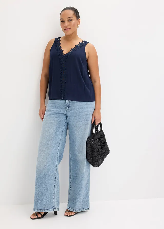 Blousetop van gestructureerde crinkle, Kleur: donkerblauw