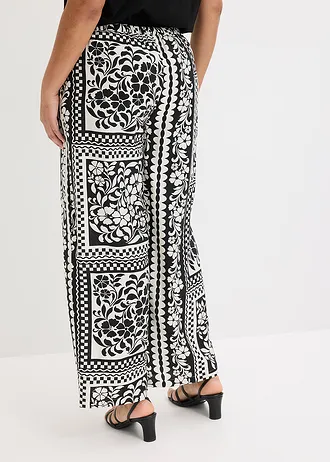 Spodnie z gumką w talii, z lejącej mieszanki wiskozy, kolor: czarny + biel wełny z nadrukiem