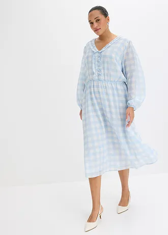 Midi šaty, barva: pudrově modro-přírodní bílá kostka