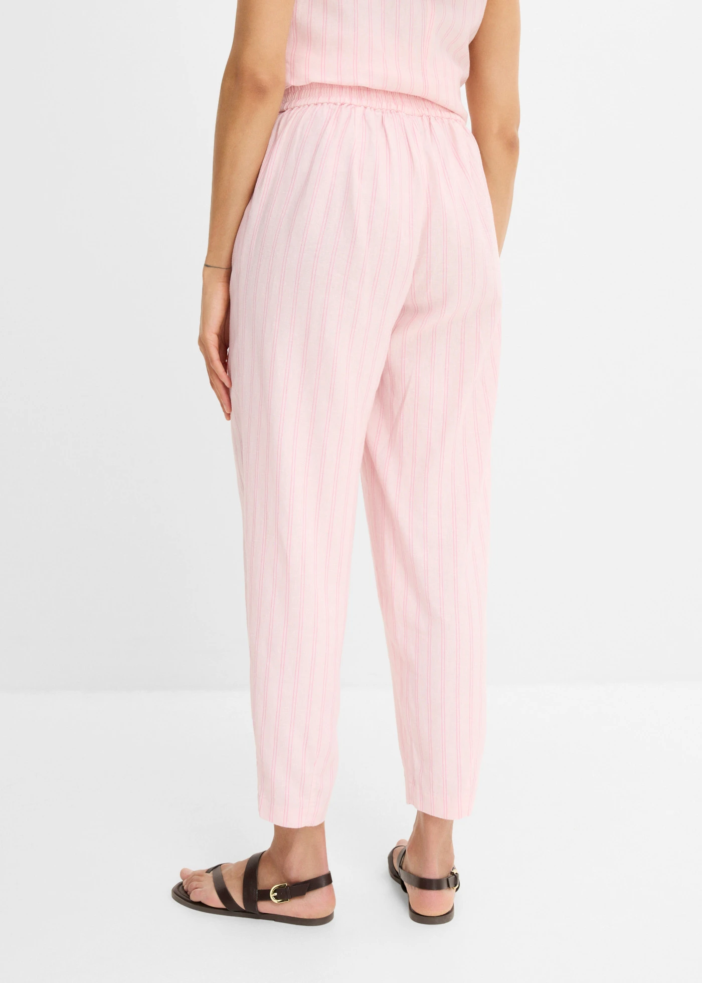 Pantaloni cu cu elastic și șiret în talie din mix răcoros cu in • roz pal-roz cu dungi • magazin bonprix