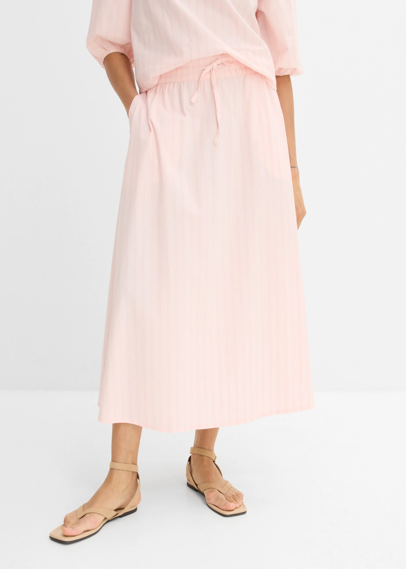 Jupe midi en coton extensible • rose clair-rose rayé • Boutique bonprix