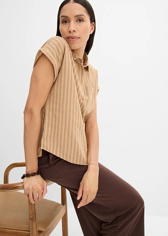 Halenka s krátkým rukávem, ze lněné směsi • matně velbloudí-hnědá s proužky • bonprix obchod