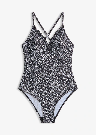 Maillot 1 pièce à bretelles croisées, Couleur: noir-blanc floral