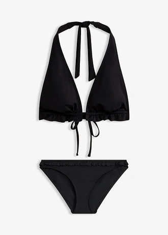 Nyakpántos bikini fodorral (2-részes szett) • fekete • bonprix áruház