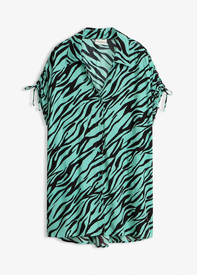 Strandblouse van gestructureerde crinkle, Kleur: zwart-mentholgroen zebraprint