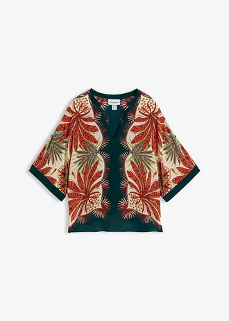 Blouse en soie mélangée, Couleur: vert profond/rouge désert imprimé