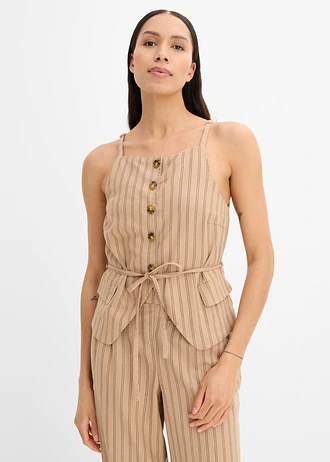 Mouwloze blazer van een luchtige linnenmix, Kleur: mat camel-bruin gestreept