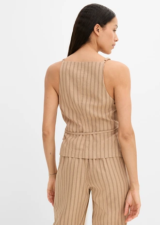 Mouwloze blazer van een luchtige linnenmix, Kleur: mat camel-bruin gestreept