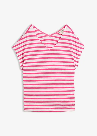 T-shirt 100% lin à manches chauve-souris • fuchsia-blanc rayé • Boutique bonprix