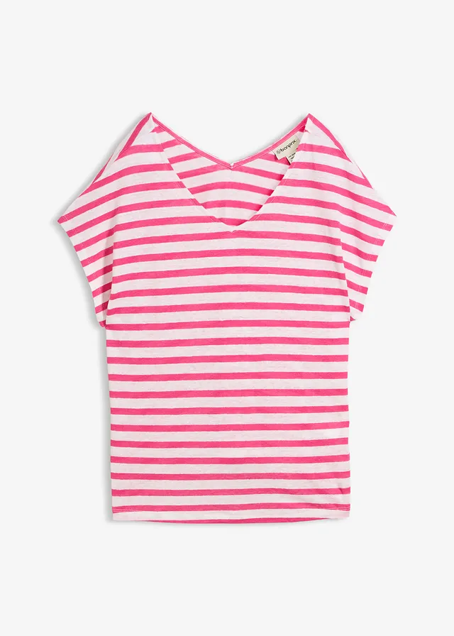 T-shirt 100% lin à manches chauve-souris • fuchsia-blanc rayé • Boutique bonprix