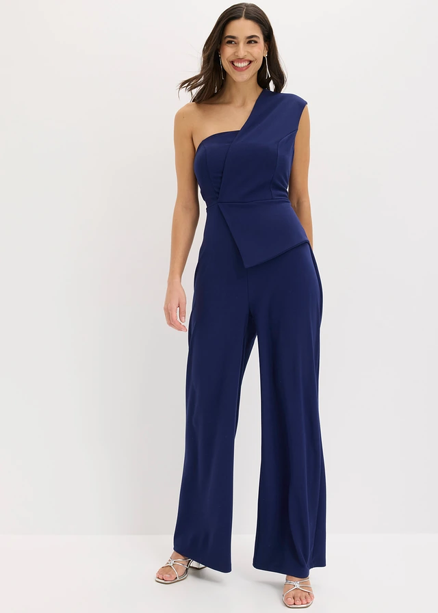 Jumpsuit van crêpe met structuur, Kleur: middernachtblauw