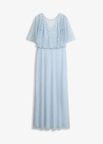 Maxi jurk van fijne tule met paillettenborduursel • poederblauw • bonprix online shop