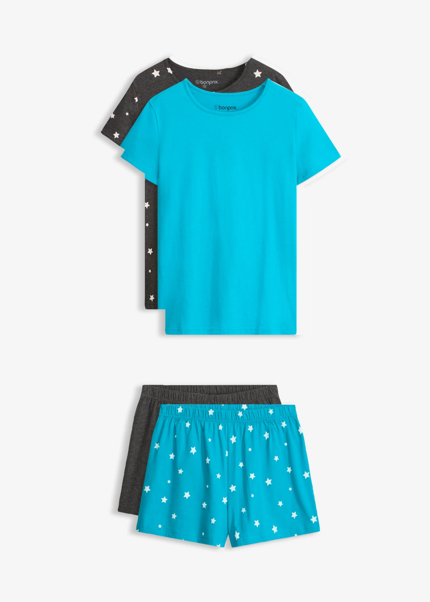 Pijama cu pantaloni scurți din bumbac 100% (set/2 buc.) • albastru lagună-gri-antracit melanj cu imprimeu • magazin bonprix