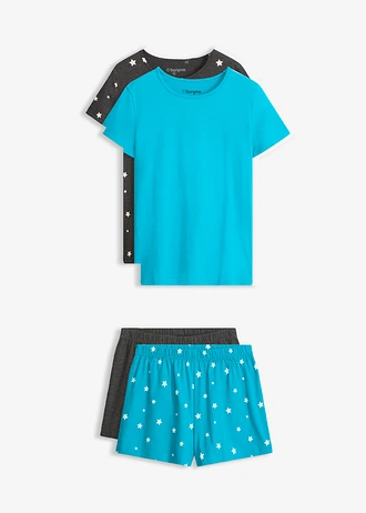 Lot de 2 pyjashorts 100% coton, Couleur: bleu lagon-anthracite chiné imprimé