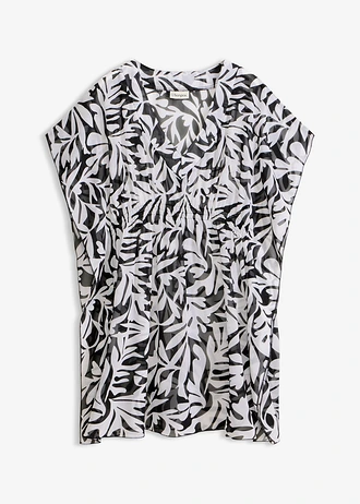 Plážová tunika z lehkého šifonu, barva: černo-bílá s květy