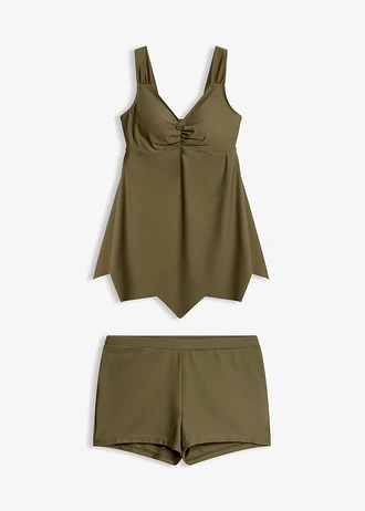 Hosszú tankini cikk-cakk szegéllyel (2-részes szett) • sötét olivazöld • bonprix áruház