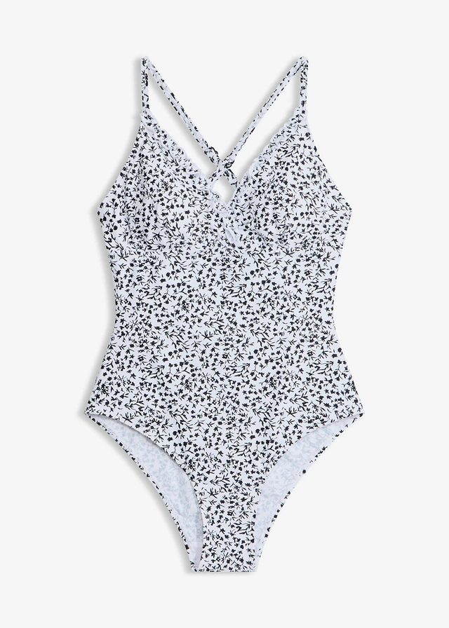 Costum de baie cu bretele încrucișate • alb + negru floral • magazin bonprix