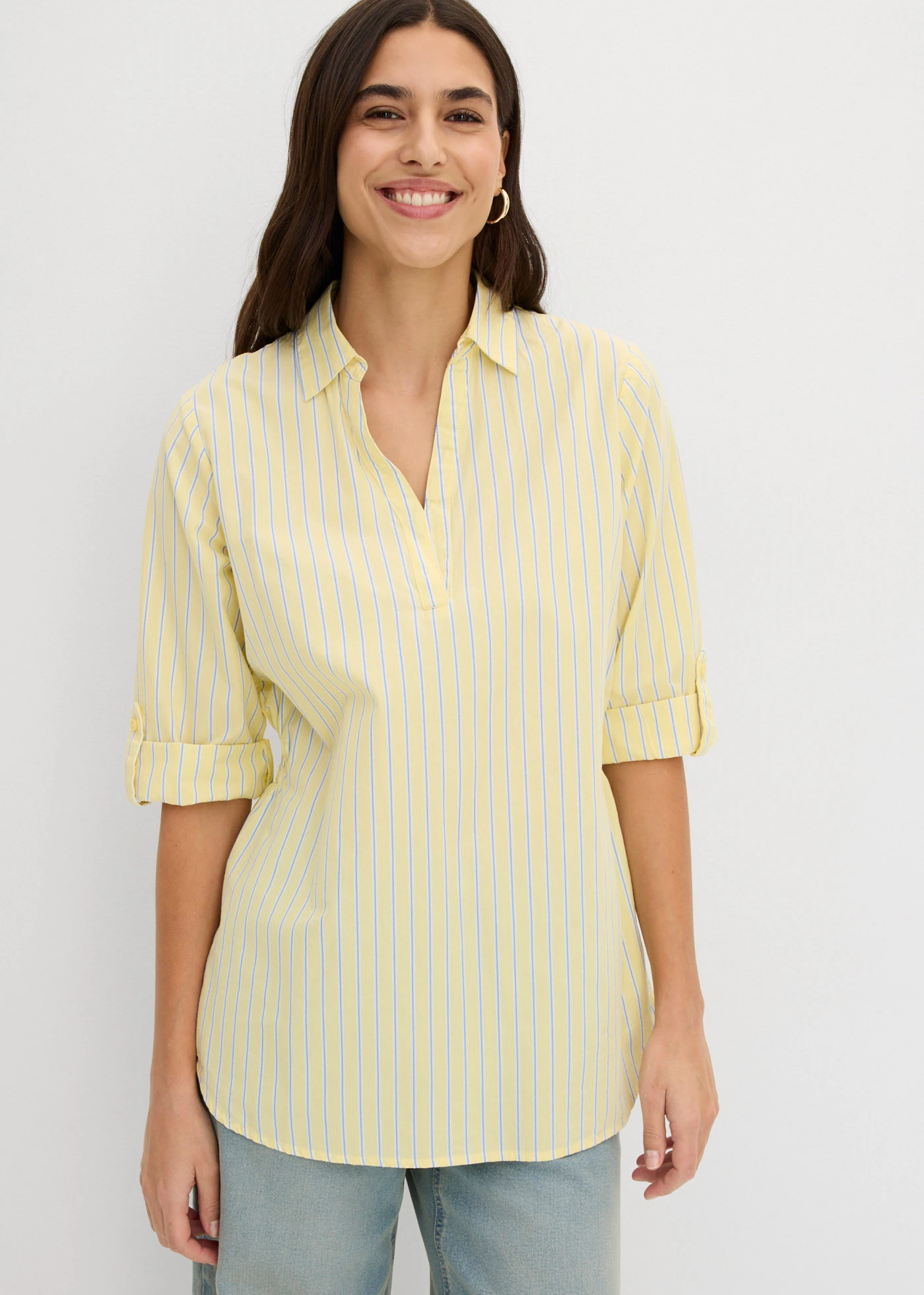 Blouse van puur katoen • lichtgeel-middenblauw-wolwit gestreept • bonprix online shop