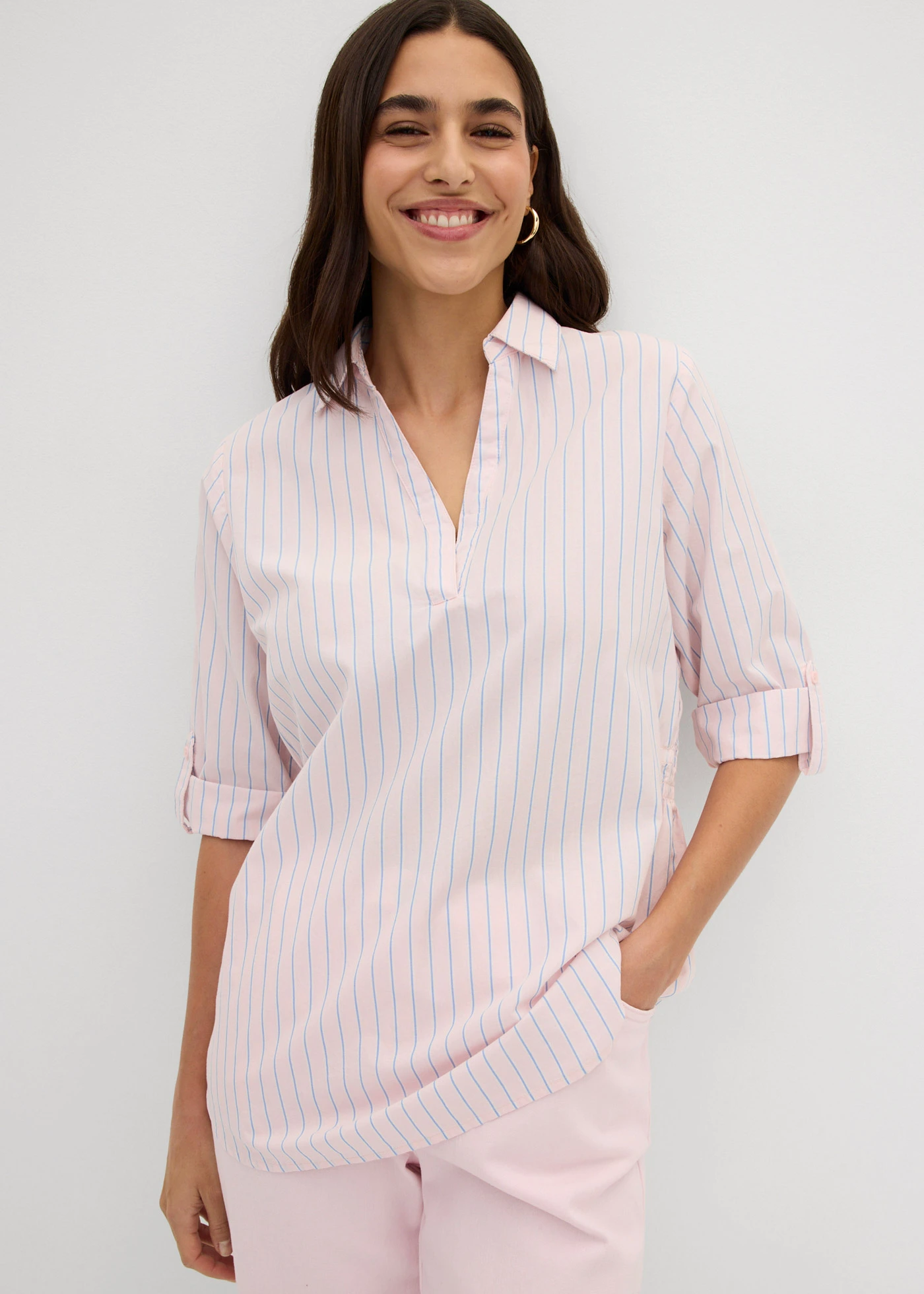 Bluză din bumbac 100% • roz deschis-albastru mediu-ecru dungat • magazin bonprix