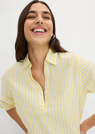 Blouse van puur katoen • lichtgeel-middenblauw-wolwit gestreept • bonprix online shop