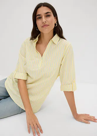 Blouse 100% coton • jaune clair-bleu moyen-écru rayé • Boutique bonprix