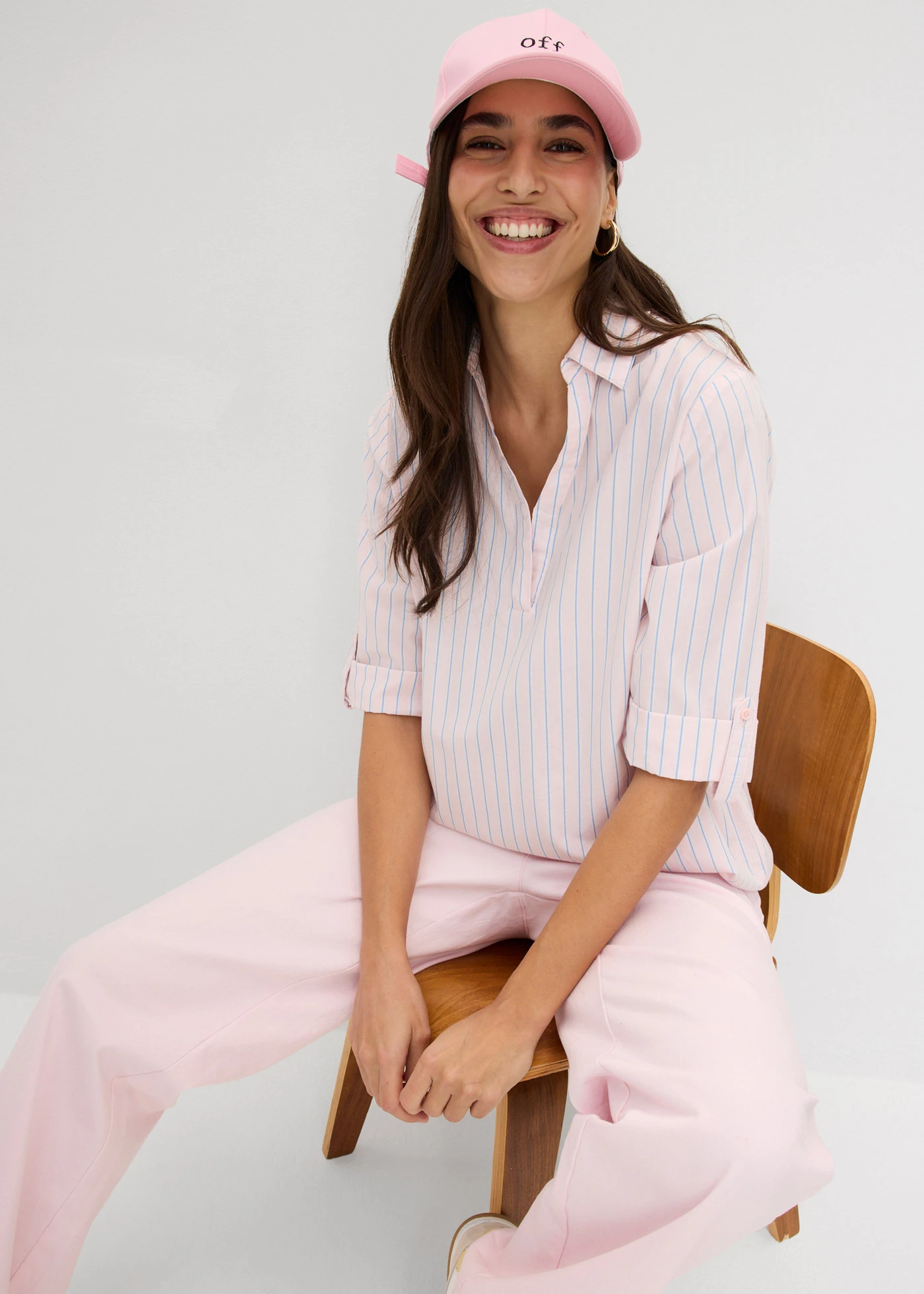 Bluză din bumbac 100% • roz deschis-albastru mediu-ecru dungat • magazin bonprix