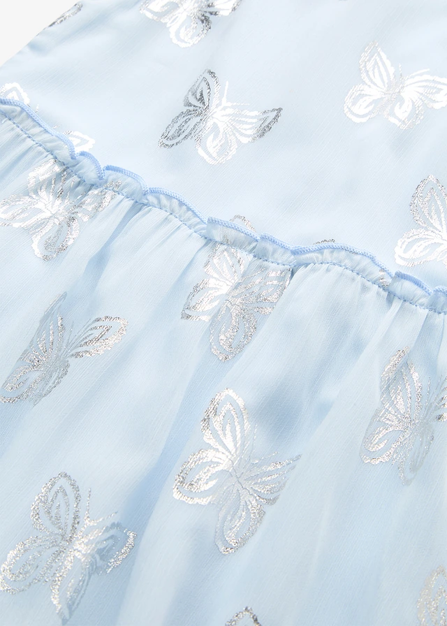 Chiffon jurk in A-lijn, Kleur: poederblauw-zilverkleur gedessineerd