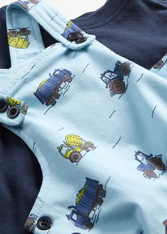Set de bebeluși format din tricou și salopetă din bumbac organic 100% (set/2 buc.) • bleu-bleumarin-maro mediu-galben-porumb-albastru blugi cu imprimeu • magazin bonprix