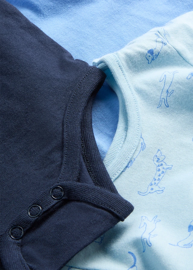 Lot de 3 bodys manches courtes 100% coton • bleu foncé + bleu moyen + bleu brume imprimé • product-page.page-title-suffix