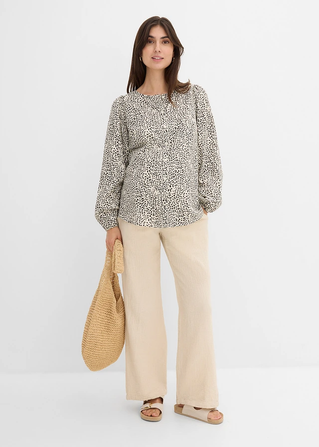 Pantaloni de gravide loose fit, din muselină din bumbac bej nisipiu mat