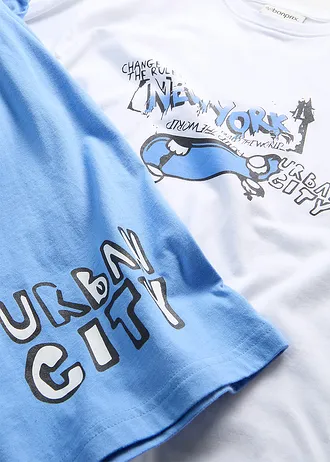 T-shirt loose et bermuda long en jersey 100% coton (ens. 2 pces) • blanc+bleu moyen imprimé • Boutique bonprix