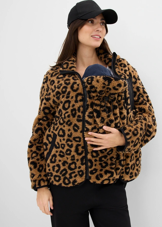 Veste de grossesse et de portage en sherpa, Couleur: camel mat-noir léopard