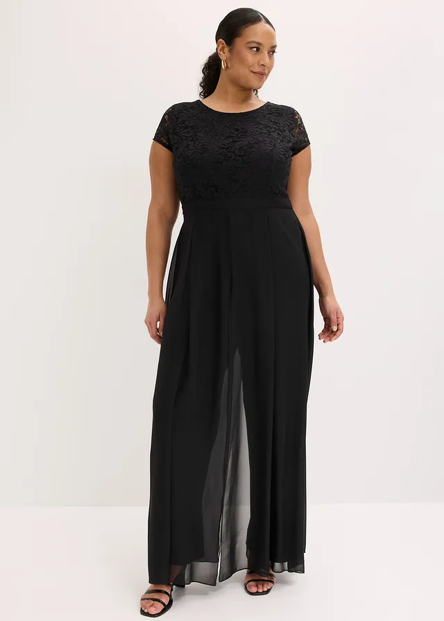Jumpsuit met kant en inzetstuk van chiffon, Kleur: zwart