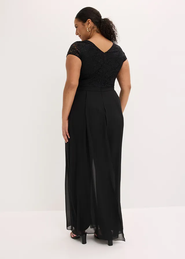 Jumpsuit met kant en inzetstuk van chiffon, Kleur: zwart