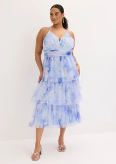 Midi šaty s volány, z jemného tylu, barva: světle modrá s květy