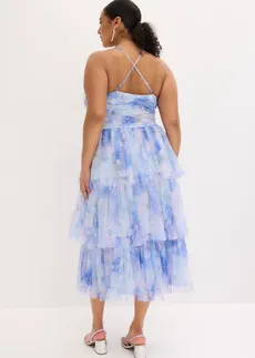 Midi šaty s volány, z jemného tylu, barva: světle modrá s květy